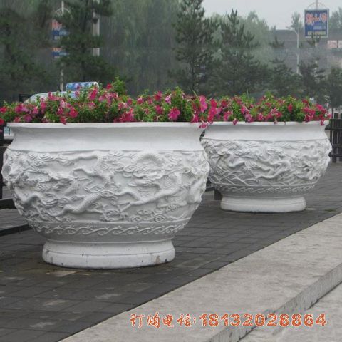 汉白玉公园龙浮雕花盆